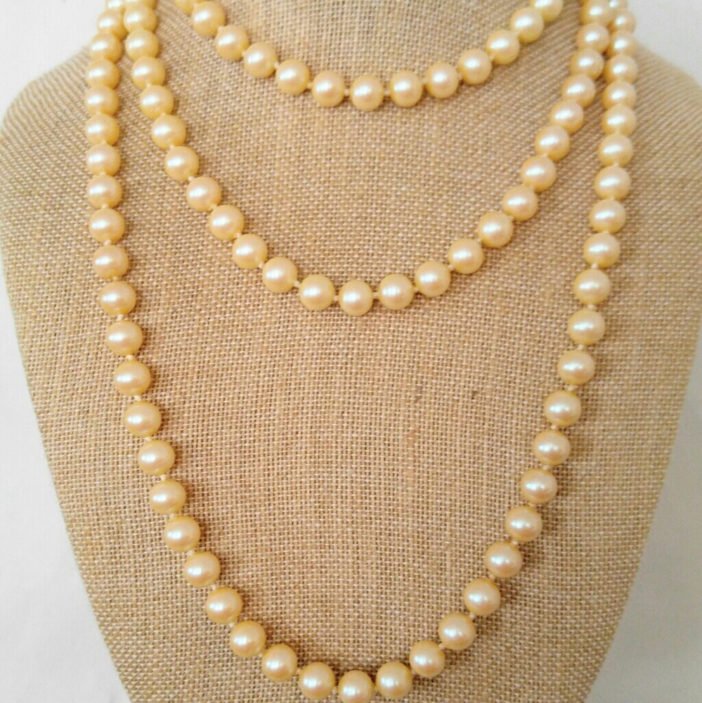 SALE X LONG Vintage Glass Champagne Pearl Necklace - Picture 1 of 7